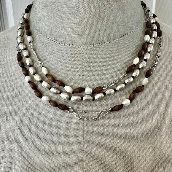 Sigrid Olsen Multi-Strand Wood, Silver-Tone & Freshwater Pearl Necklace - Picture 1 of 7